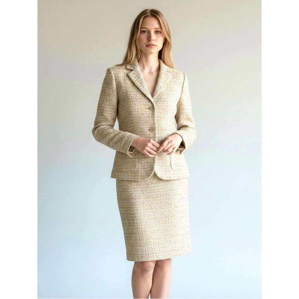PAIL STUART Tweed Beige Skirt Suit Wool Blend Woman’s made in Italy sz 40 US 4-6